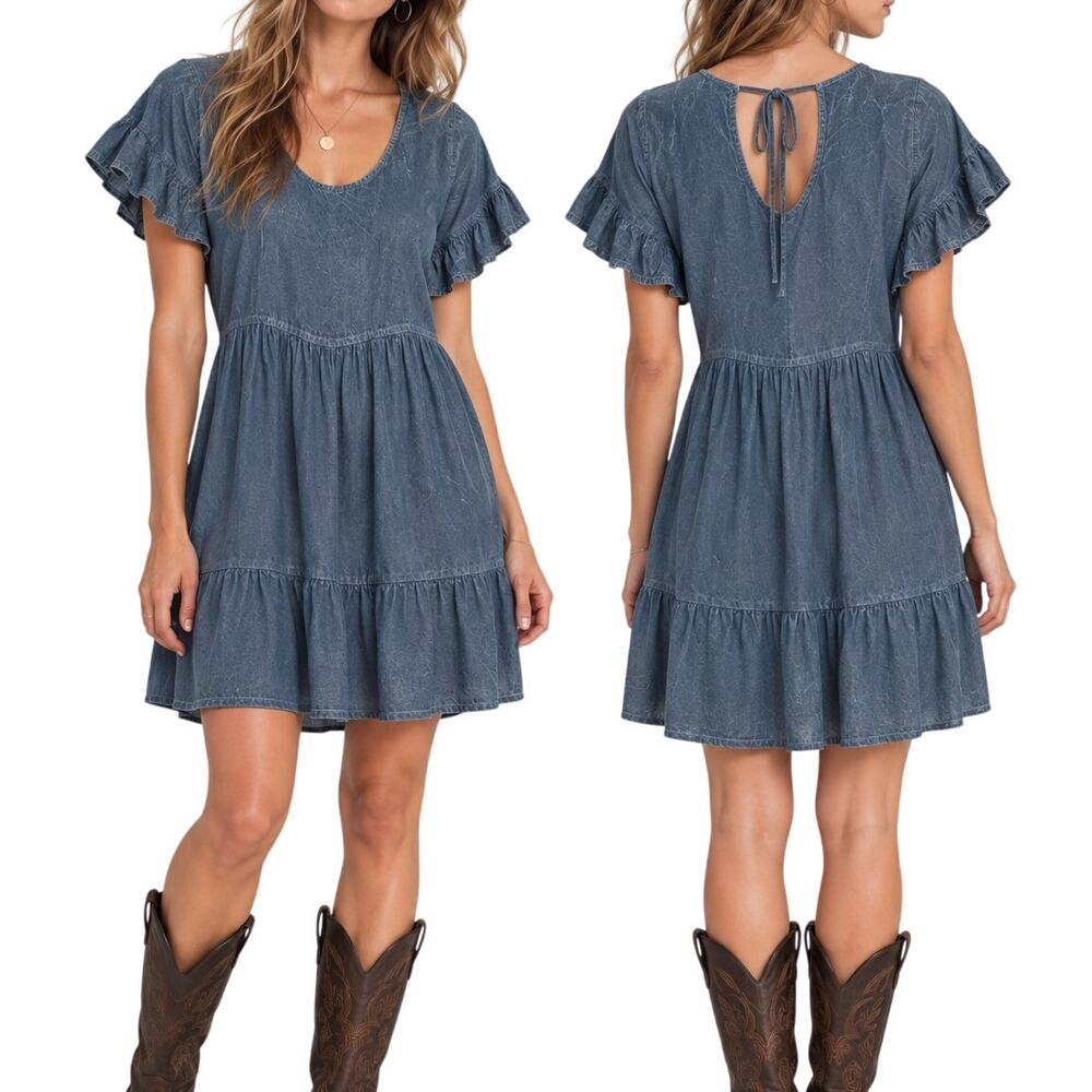Exist Distressed Chambray Tiered Ruffle Sleeve Mini Dress Southwestern SMALL
